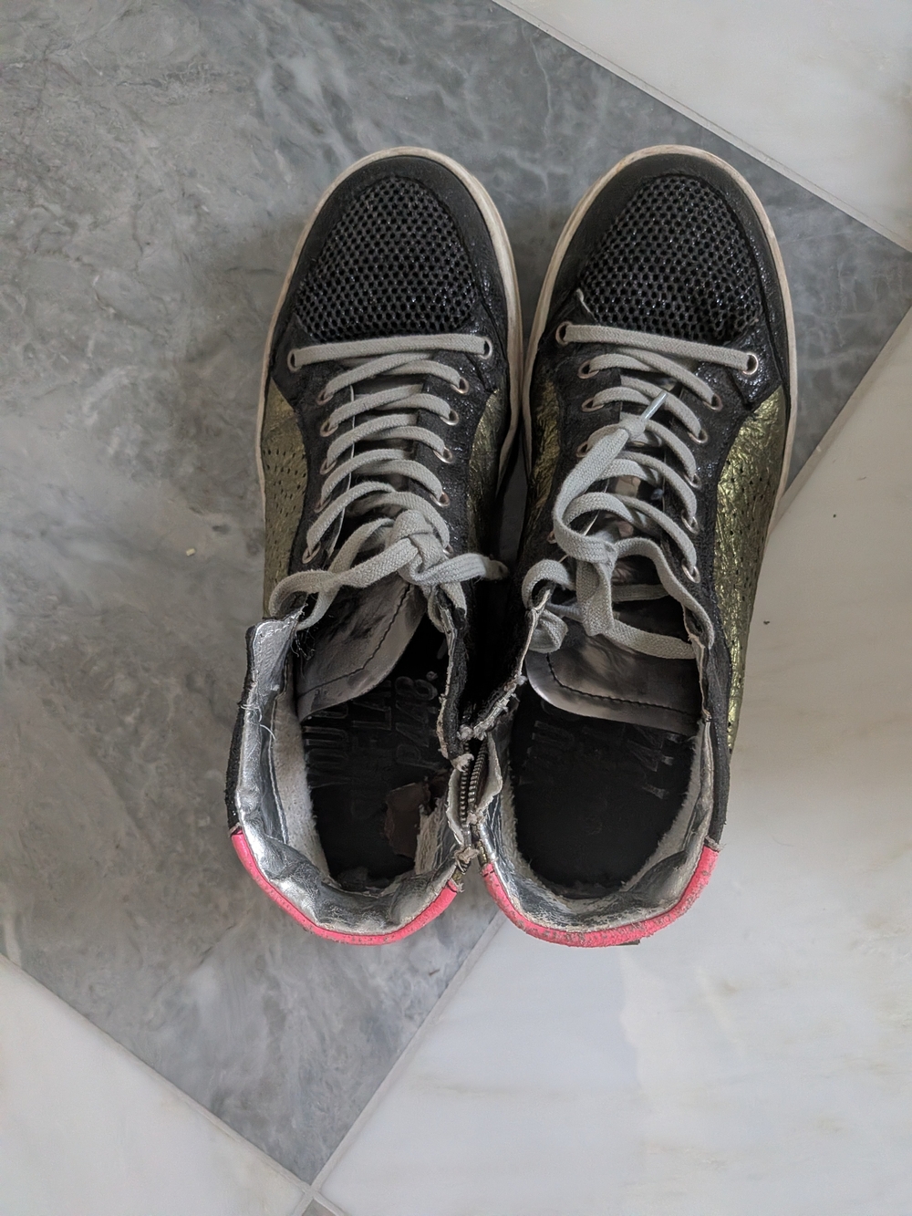 Womens Black and Metallic High-Top Sneakers